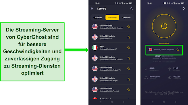 Screenshot der Android-Benutzeroberfläche von CyberGhost, der Streaming-optimierte Server zeigt