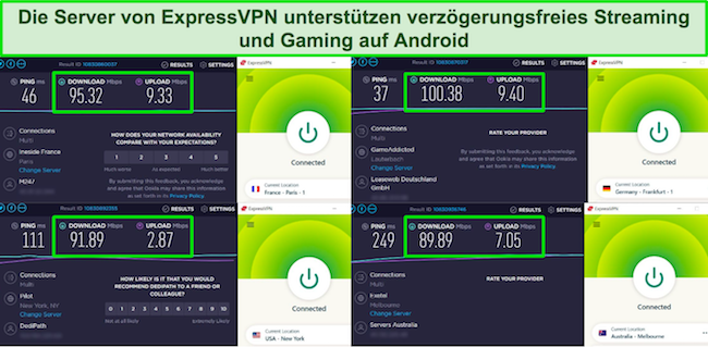 Screenshot der Geschwindigkeitstestergebnisse von ExpressVPN bei Verbindung mit Paris, Frankfurt, New York und Melbourne