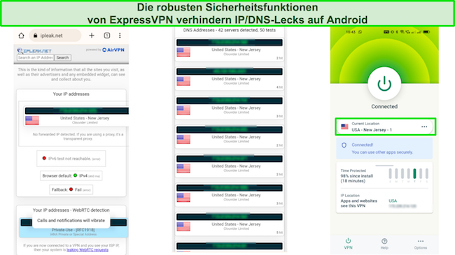 Grafik, die mehrere ExpressVPN-Server ohne IP- und DNS-Lecks zeigt