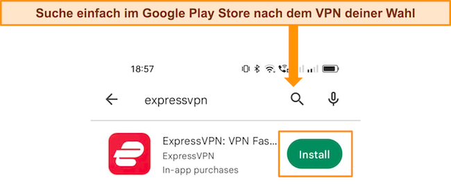 Screenshot der Google Play Store-Suchfunktion, die nach ExpressVPN sucht