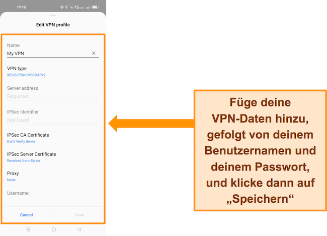 Screenshot, der zeigt, wie Sie Ihr VPN zu Ihrem Android-Gerät hinzufügen