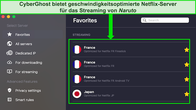 Screenshot der Registerkarte „Favoriten“ von CyberGhost mit optimierten Netflix-Servern für Frankreich und Japan