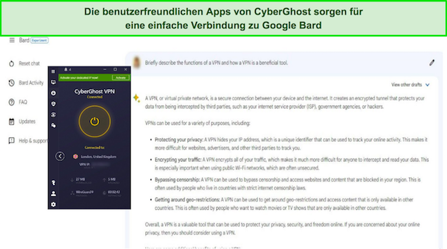 Bild von Google Bard, der auf eine Frage zu VPNs antwortet, wobei CyberGhost mit einem britischen Server verbunden ist