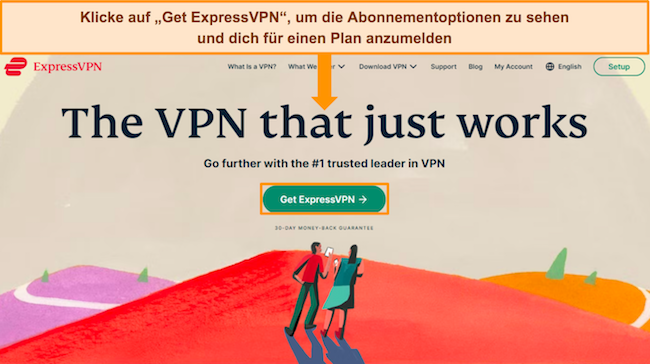 Screenshot der Webseite von ExpressVPN mit Hervorhebung der Schaltfläche „Get ExpressVPN“.