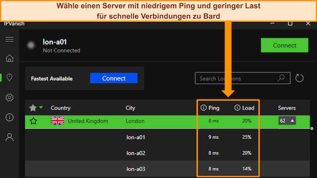 Bild der Windows-App von IPVanish, das den Ping und die Benutzerlast für einzelne Server in Großbritannien und London zeigt