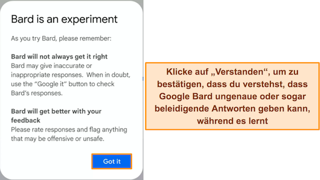 Bild des Warnhinweises von Google Bard, dass der Dienst experimentell ist und möglicherweise falsche oder anstößige Antworten generiert
