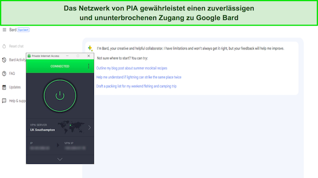 Bild von geöffnetem Google Bard, wobei PIA mit einem Server in Großbritannien und Southampton verbunden ist