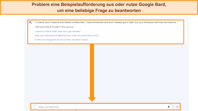 Screenshot von Google Bard mit hervorgehobenen Beispielaufforderungen sowie dem Feld „Eingabeaufforderung hier eingeben“.