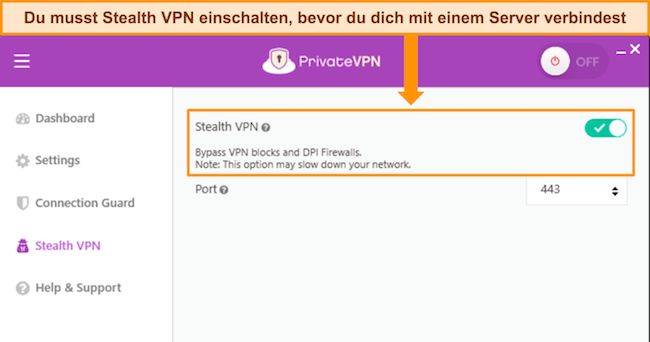 Screenshot der Windows-App von PrivateVPN, der die Stealth-VPN-Option zeigt und wie man sie ein- und ausschaltet