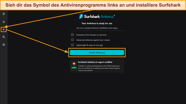 Screenshot, der das Antiviren-Menü in der Surfshark-App zeigt