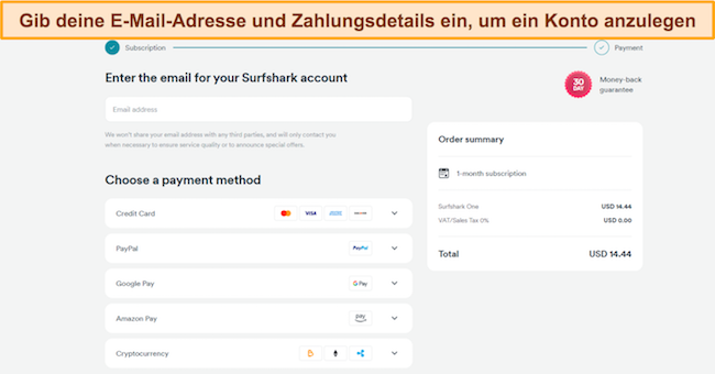 Screenshot, der das Anmelde- und Zahlungsmenü von Surfshark zeigt
