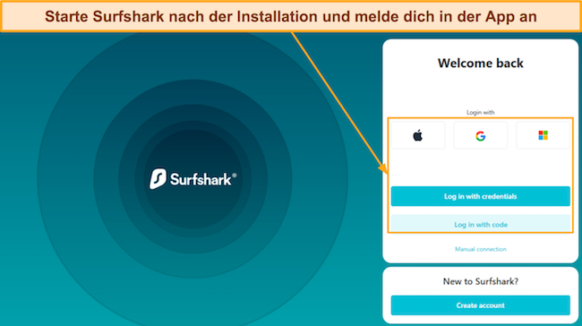 Screenshot, der den Anmeldebildschirm der Surfshark-App zeigt