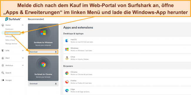 Screenshot, der zeigt, wie man die Windows-App von Surfshark herunterlädt