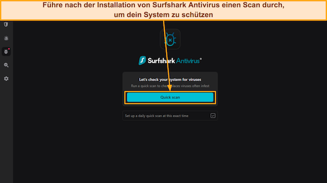 Screenshot, der die Schnellscan-Option in der Surfshark-App nach der Installation des Antivirenprogramms zeigt