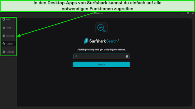 Screenshot der Desktop-App-Oberfläche von Surfshark