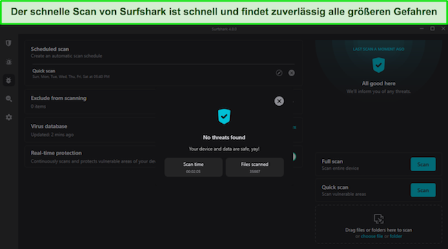 Screenshot der Quick Scan-Ergebnisse von Surfshark