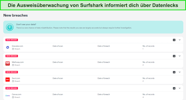 Screenshot der ID-Überwachungsfunktion von Surfshark, die eine E-Mail-Adresse auf Verstöße überprüft