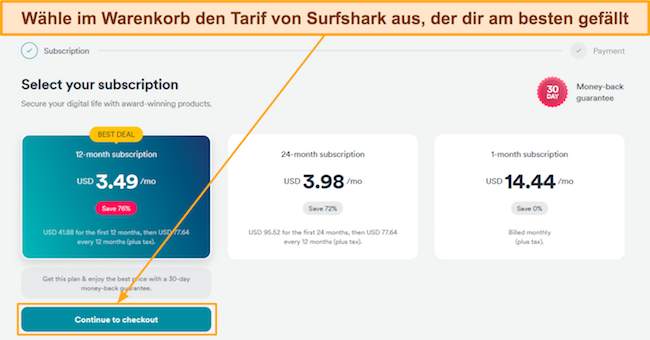 Screenshot, der zeigt, wie man einen Surfshark-Plan auswählt