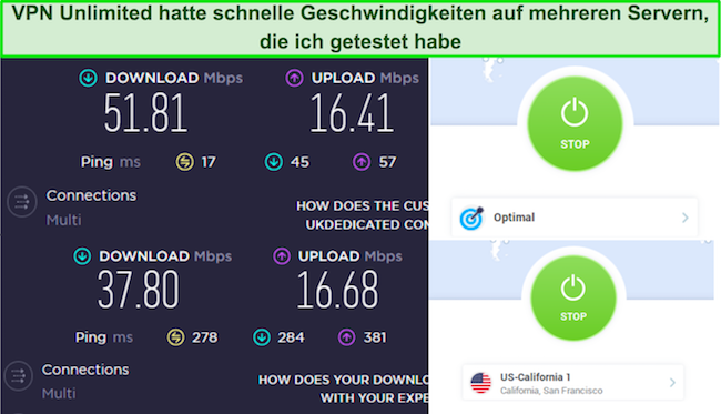 Screenshot von VPN Unlimited-Geschwindigkeitstests auf Servern in den USA und im Vereinigten Königreich