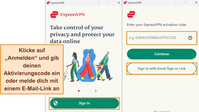 Screenshots des Anmeldevorgangs von ExpressVPN unter Windows