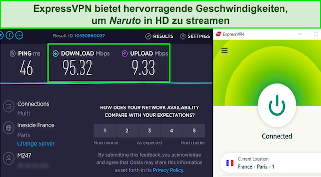 Screenshot des Ergebnisses des ExpressVPN-Geschwindigkeitstests