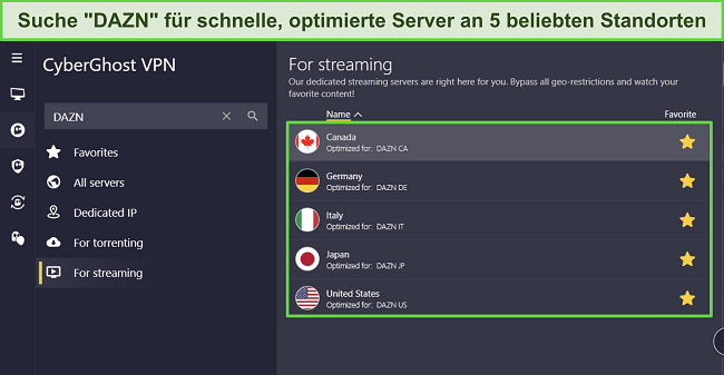 Screenshot der CyberGhost Windows-App, der die 5 für DAZN optimierten Serverstandorte hervorhebt