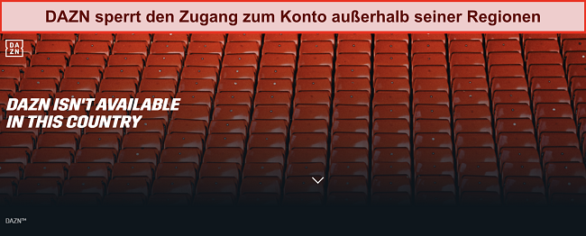 Bild der DAZN-Website, wenn der Zugang zu einem Konto aufgrund der Lage außerhalb der korrekten geografischen Region blockiert ist