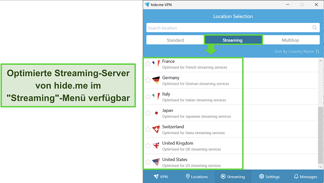 Screenshot der Windows-App von hide me mit hervorgehobenen Streaming-Servern