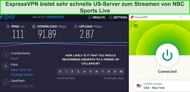 Screenshot des Ergebnisses des ExpressVPN-Servergeschwindigkeitstests in den USA
