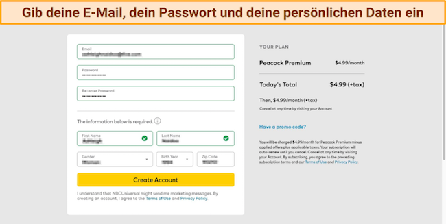Screenshot der persönlichen Daten von Peacock und der Kontoerstellungsseite