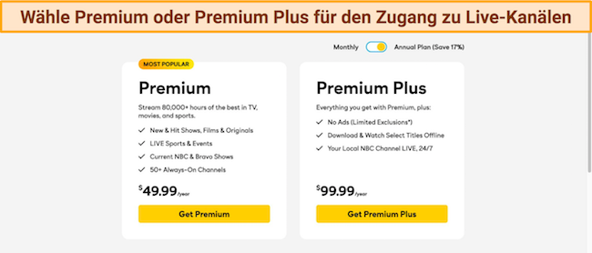 Screenshot der Jahrespläne Peacock Premium und Premium Plus