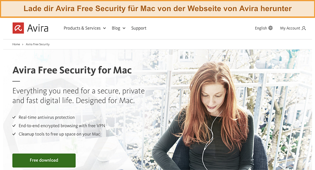 Screenshot of Avira Free Security for Mac download button on Avira's website