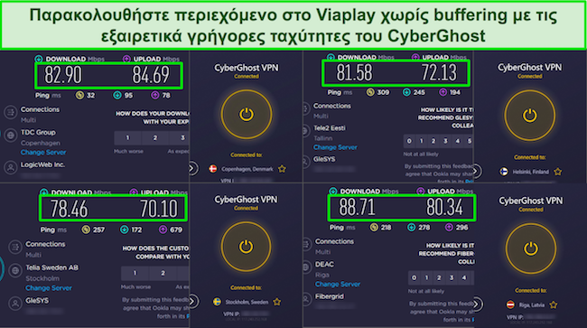 Στιγμιότυπο οθόνης των αποτελεσμάτων δοκιμών ταχύτητας του CyberGhost ενώ είναι συνδεδεμένο με τη Δανία, τη Φινλανδία, τη Σουηδία και τη Λετονία