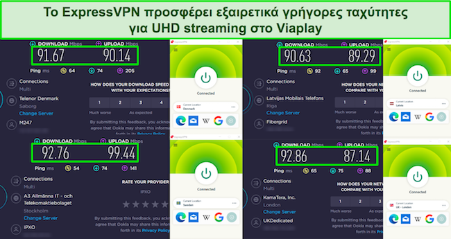 Στιγμιότυπο οθόνης των αποτελεσμάτων δοκιμής ταχύτητας του ExpressVPN που συνδέονται με τη Δανία, τη Σουηδία, τη Λετονία και το Ηνωμένο Βασίλειο