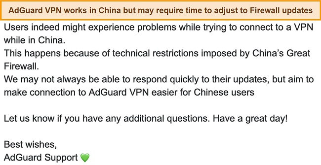 Screenshot of my interaction with AdGuard support regarding its activities in China