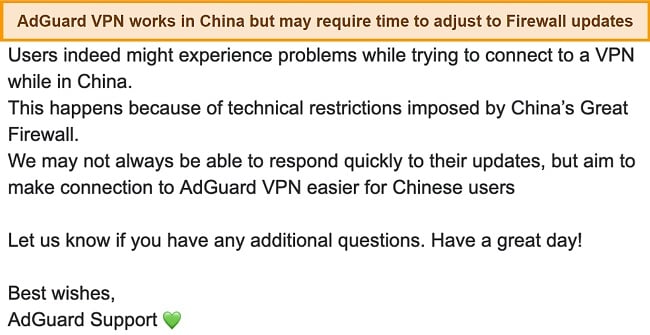 Screenshot of my interaction with AdGuard support regarding its activities in China