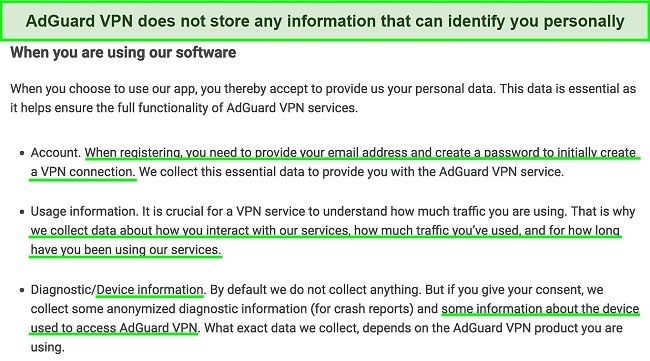 Screenshot of an excerpt of AdGuard VPN privacy policy