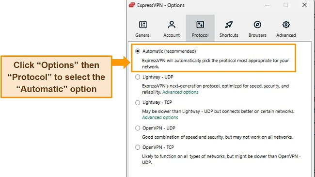 Image of ExpressVPN's Windows app, showing the Protocols settings and highlighting the Automatic option