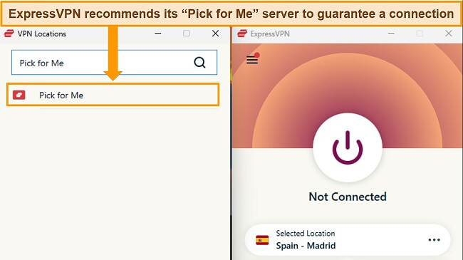 Image of ExpressVPN's Windows app, showing the Pick for Me server option
