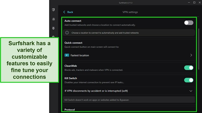 Image of Surfshark's VPN settings, highlighting the customizable features on offer.