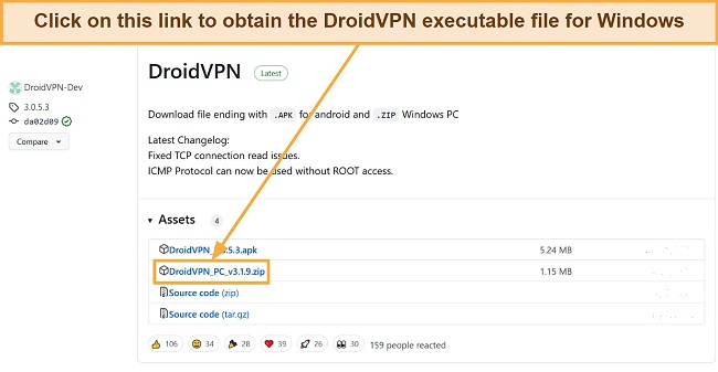 Screenshot of the download page for DroidVPN's setup files on Github
