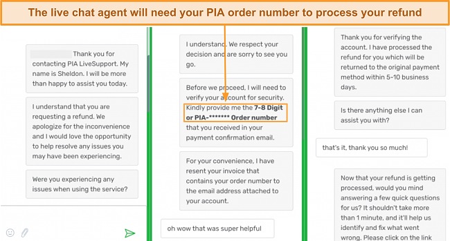 Screenshot of PIA's live chat agent processing a refund request