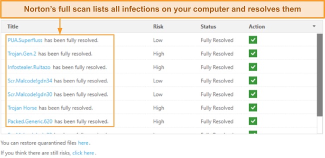 Screenshot of Norton's full scan results showing a list of viruses it detected