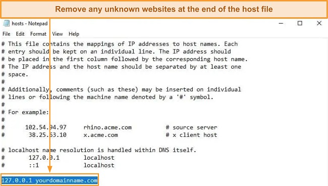 Screenshot of how to check Windows host file and ensure it doesn't contain unknown URLs