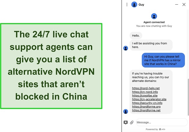 Screenshot of live chat with NordVPN agent showing a list of alternative domains that work in China