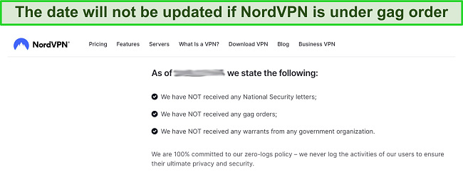 Screenshot of NordVPN's warrant canary