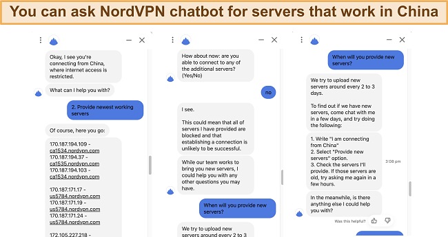 Screenshot of live chat with NordVPN chatbot regarding using the VPN in China