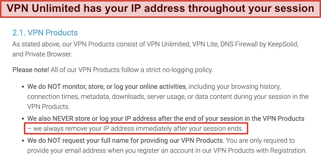 Screenshot of VPN Unlimited's privacy policy regarding data collection