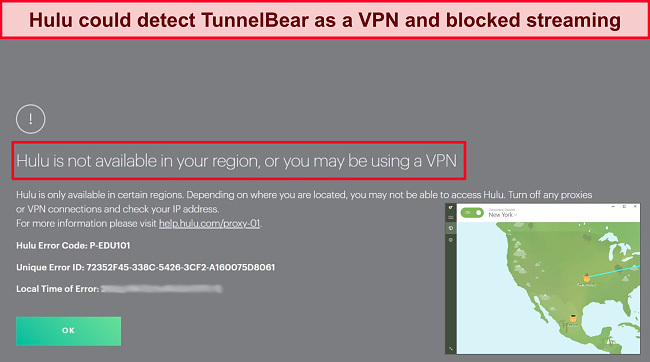 Screenshot of proxy error message on Hulu while TunnelBear is connected to a server in the US