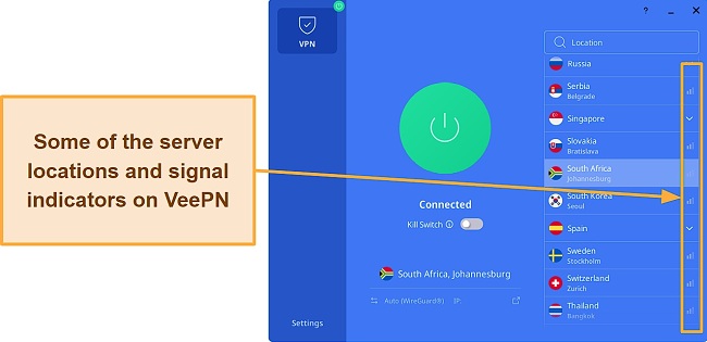 Screenshot of VeePN's server strength signal